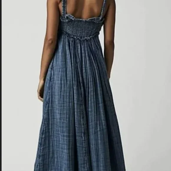 Free People Blue Denim Maxi Midi Dress with Embroidered Bodice - Picture 2 of 2